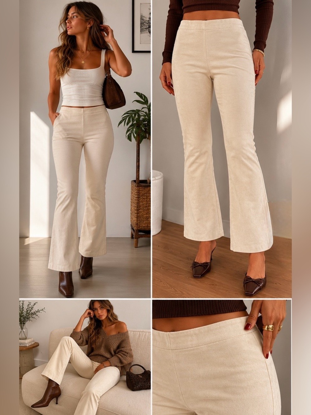 Urban Outfitters Faux Suede Cropped Flare Pants Cream Stretch Size 10